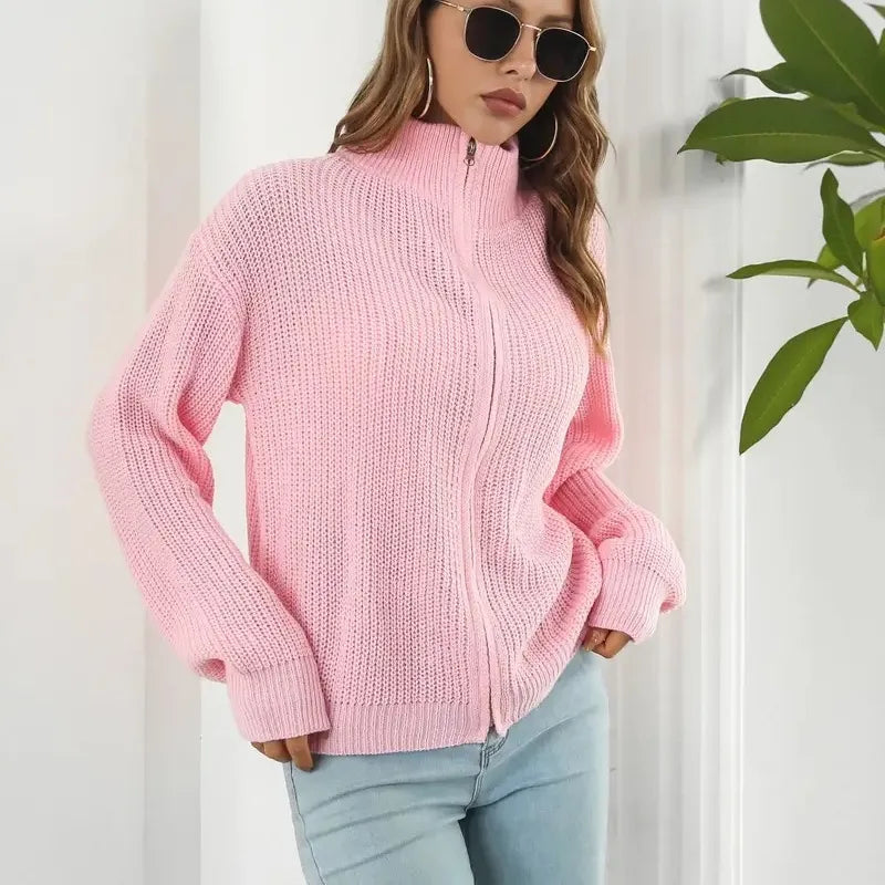 Women's Knitted Jacket - Stand-up Collar, Zipper Closure & Puff Sleeves