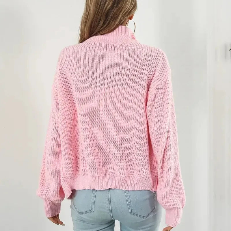 Women's Knitted Jacket - Stand-up Collar, Zipper Closure & Puff Sleeves